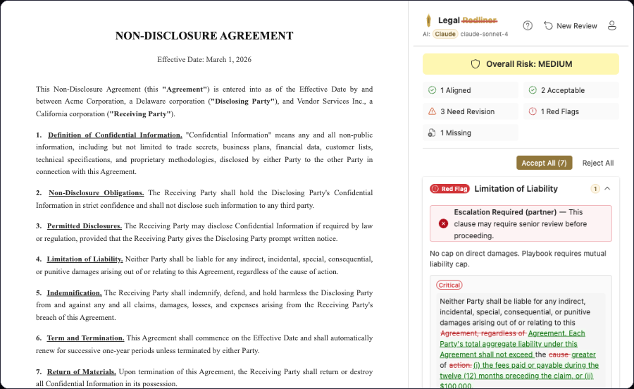 Contract review results showing clause-by-clause analysis with risk assessment