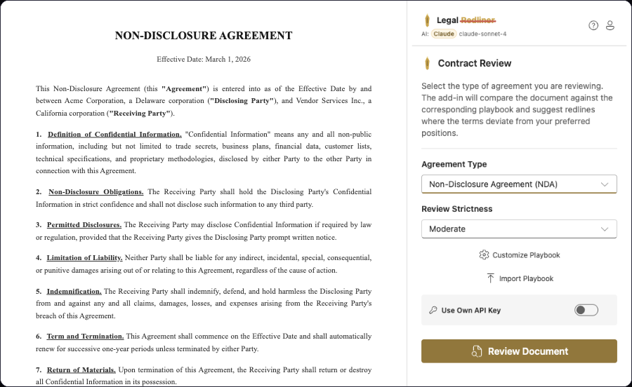 Agreement type selector with NDA playbook and review strictness options