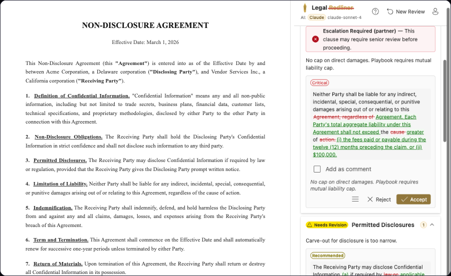 Detailed clause analysis showing inline word-level diff with accept and reject controls